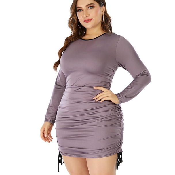 Women Large Size Round Neck Long Sleeve Dress (Color:Light Purple Size:XXXXL)
