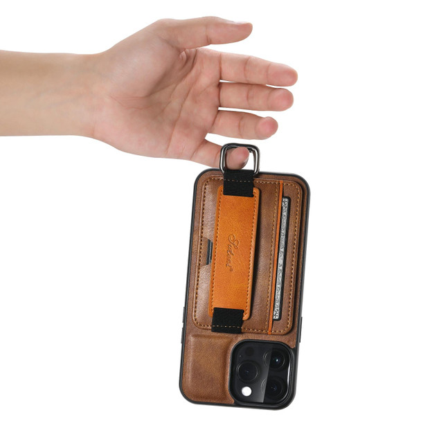 For iPhone 13 Suteni H13 Card Wallet Wrist Strap Holder PU Phone Case(Brown)