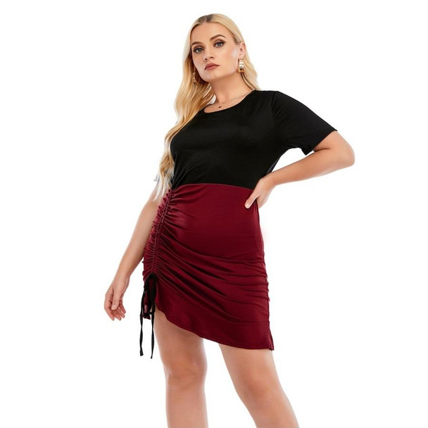 Plus Size Crew Neck Short Sleeve High Waist Ruched Dress (Color:Wine Red Size:XXL)