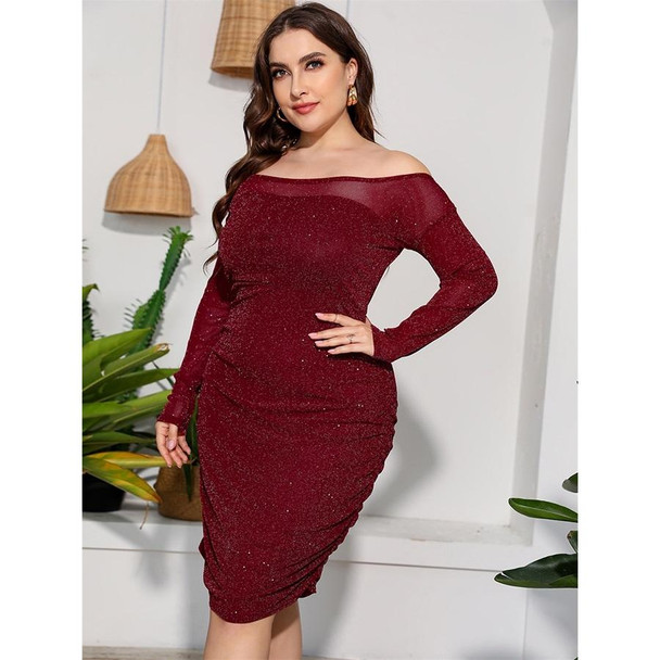 Plus Size Off Shoulder Long Sleeve Sexy Sheath Dress (Color:Wine Red Size:XXL)