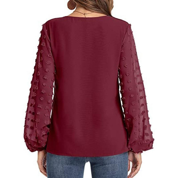 V-neck Chiffon Wool Ball Decorative Long Sleeve Blouse (Color:Wine Red Size:XXL)