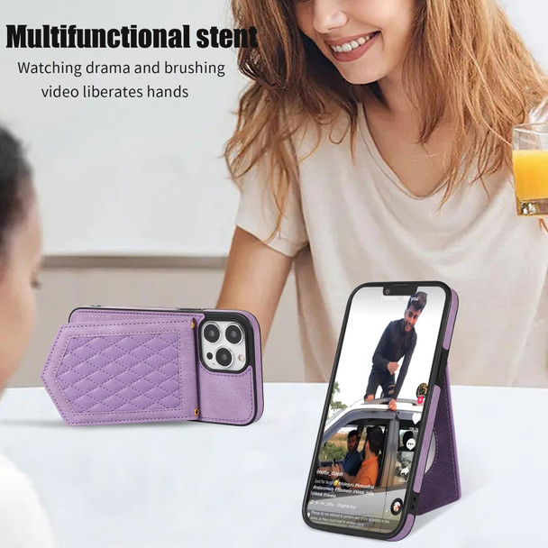 For iPhone 14 Rhombic Texture RFID Phone Case with Lanyard & Mirror(Purple)