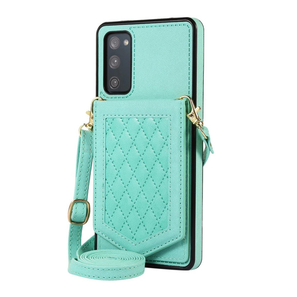 For Samsung Galaxy S20 FE Rhombic Texture RFID Phone Case with Lanyard & Mirror(Mint Green)