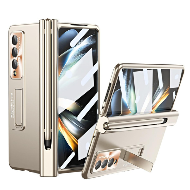 For Samsung Galaxy Z Fold4 Electroplating Corrugated Hinge Folding Phone Case with Pen Slot(Gold)