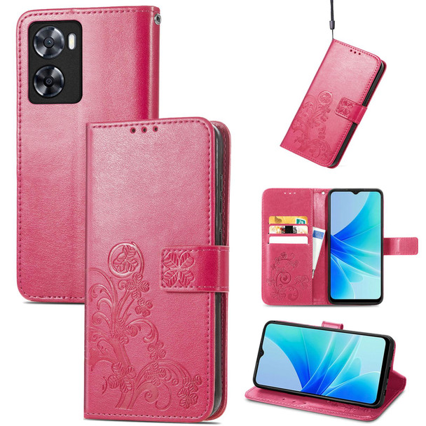 For OPPO A57 4G Four-leaf Clasp Embossed Buckle Leatherette Phone Case(Magenta)