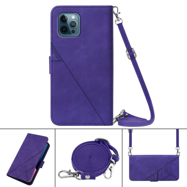 Crossbody 3D Embossed Flip Leatherette Phone Case - iPhone 12 Pro(Purple)