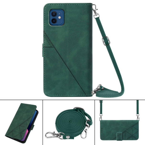 Crossbody 3D Embossed Flip Leatherette Phone Case - iPhone 12(Dark Green)