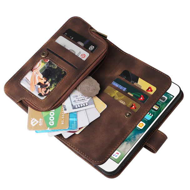 For iPhone 8 Plus / 7 Plus Multifunctional Card Slot Zipper Wallet Leatherette Phone Case(Brown)