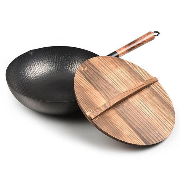 32cm with Wooden Cover Vintage Traditional Handmade Uncoated Wok Pan