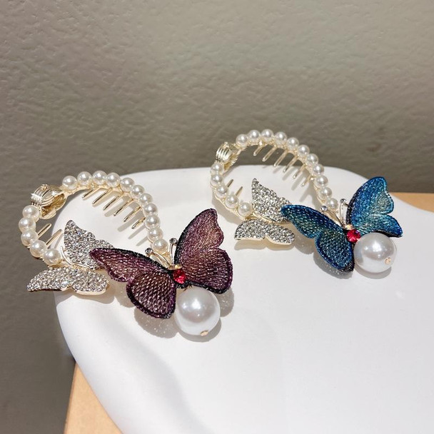 4pcs Rhinestone Butterfly Hair Clip Embroidered Ponytail Hair Clasp(Blue)