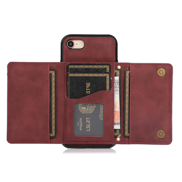 Three-fold Leather Phone Case with Card Slot & Wallet & Holder - iPhone SE 2022 / SE 2020 / 8 / 7(Wine Red)