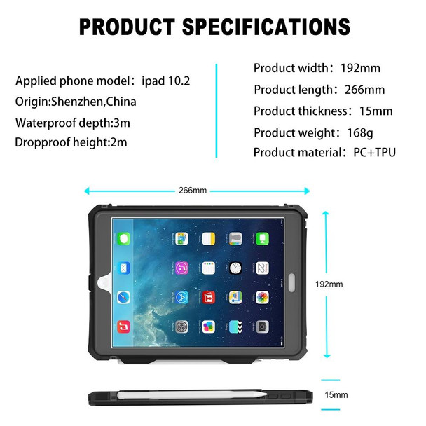 For iPad 10.2 RedPepper Shockproof Waterproof PC + TPU Protective Case with Lanyard & Pen Tray & Holder(Black)