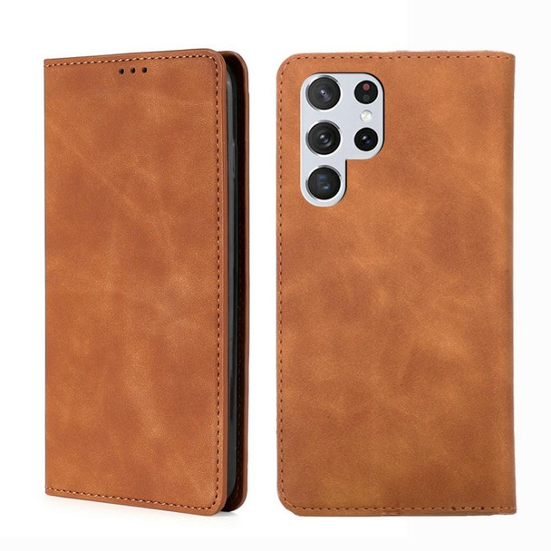 For Samsung Galaxy S23 Ultra 5G Skin Feel Magnetic Horizontal Flip Leatherette Phone Case(Light Brown)