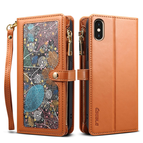 For iPhone XR ESEBLE Star Series Lanyard Zipper Wallet RFID Leatherette Case(Brown)