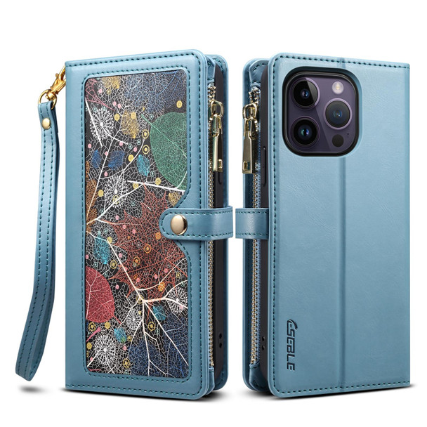 For iPhone 14 Pro Max ESEBLE Star Series Lanyard Zipper Wallet RFID Leatherette Case(Blue)