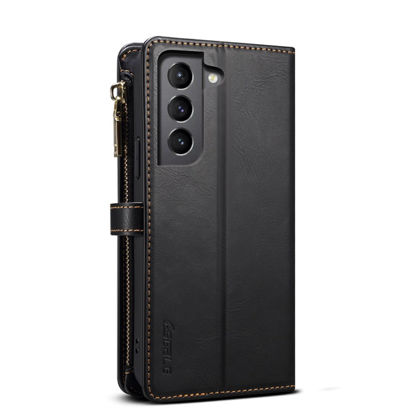 For Samsung Galaxy S21 FE 5G ESEBLE Star Series Lanyard Zipper Wallet RFID Leatherette Case(Black)