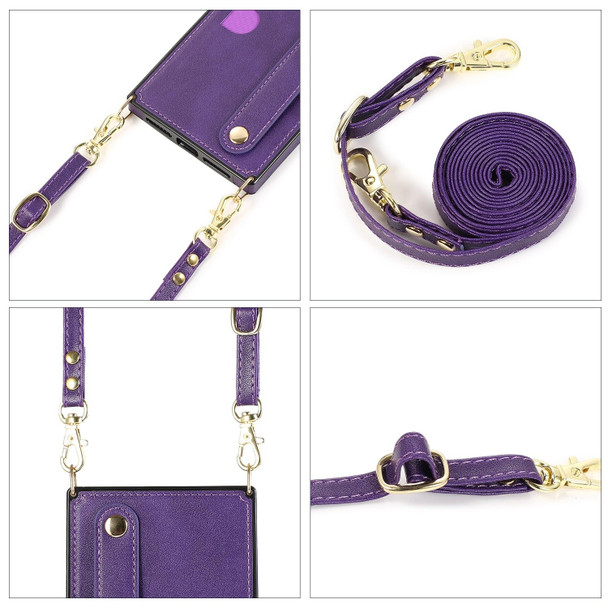 For iPhone 14 Crossbody Wrist Strap Card Holder Phone Case(Purple)