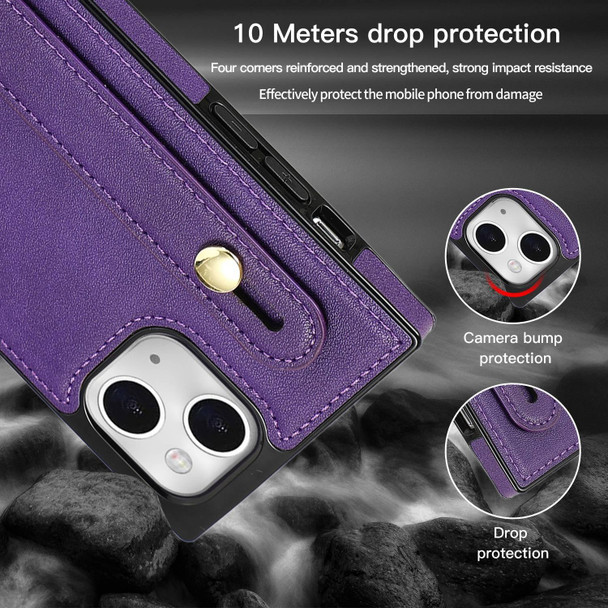 For iPhone 14 Crossbody Wrist Strap Card Holder Phone Case(Purple)