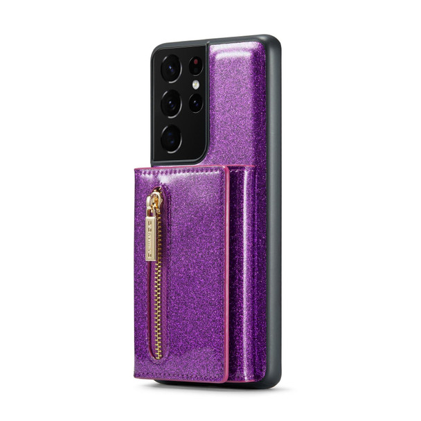 For Samsung Galaxy S21 Ultra 5G DG.MING M3 Series Glitter Powder Card Bag Leatherette Case(Dark Purple)