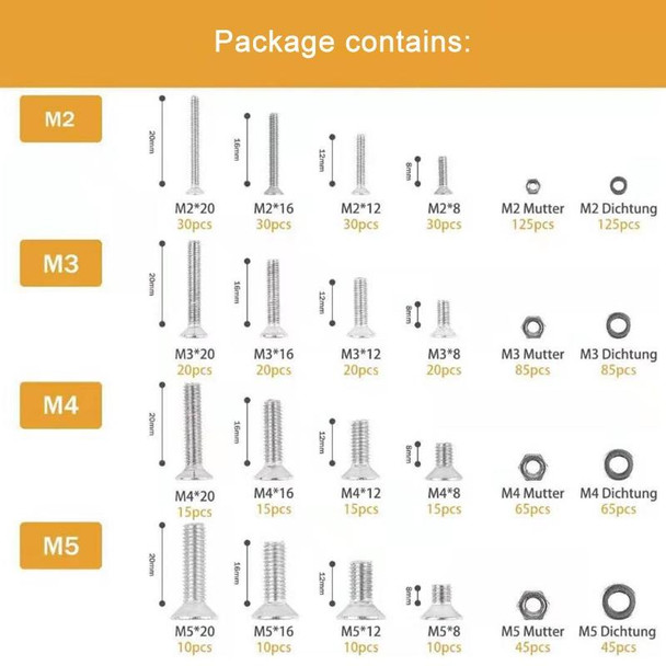 940 PCS/Set M2/M3/M4/M5 Flat Head Hexagon Socket Screws Gasket Ring Set