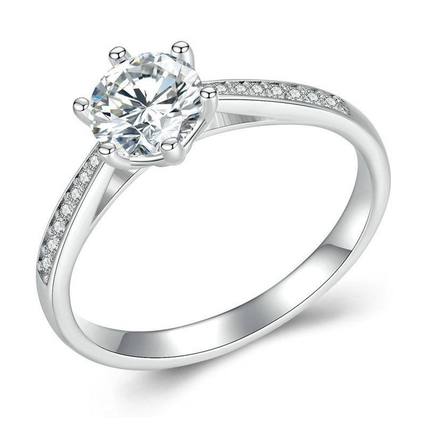 MSR004 Sterling Silver S925 Six Claw Moissanite Ring White Gold Plated Jewellery, Size: No.10