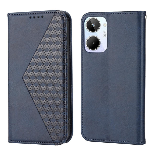 For Realme 10 4G Cubic Grid Calf Texture Magnetic Leatherette Phone Case(Blue)