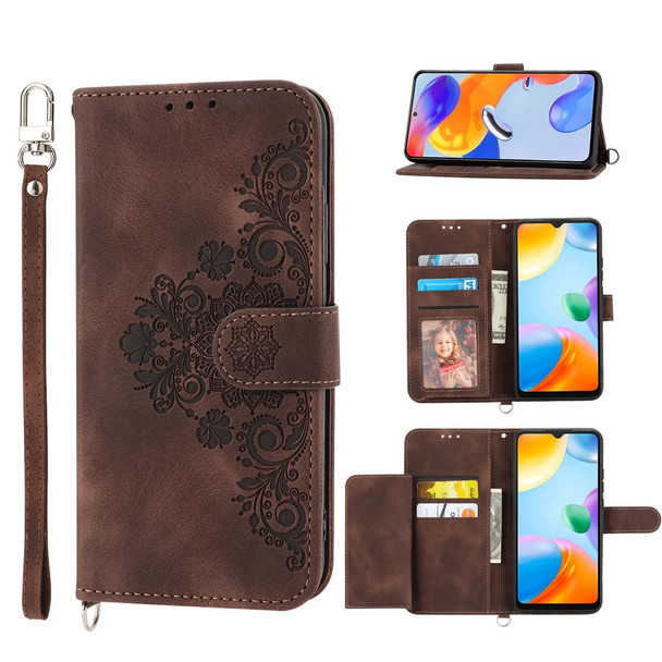 For Realme 10 4G Skin-feel Flowers Embossed Wallet Leatherette Phone Case(Brown)