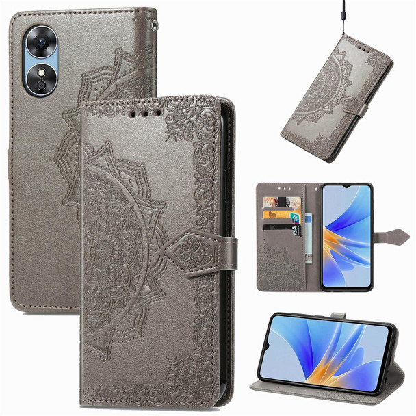 For OPPO  A17 Mandala Flower Embossed Leatherette Phone Case(Gray)