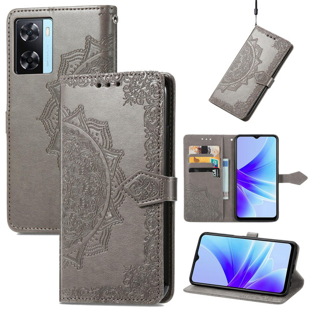 For OPPO A57s Mandala Flower Embossed Leatherette Phone Case(Gray)