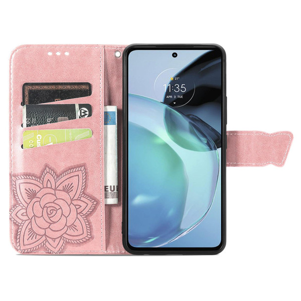 For Motorola Moto G72 Butterfly Love Flower Embossed Horizontal Flip Leatherette Case with Bracket / Card Slot / Wallet / Lanyard(Rose Gold)