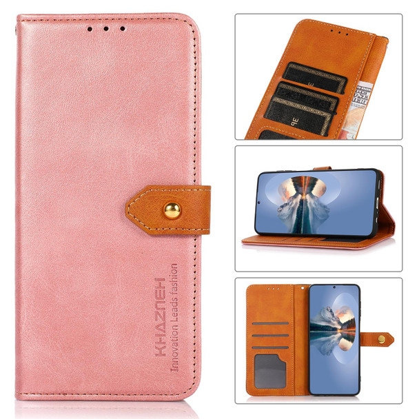 For Realme 10 Pro KHAZNEH Dual-color Cowhide Texture Flip Leatherette Phone Case(Rose Gold)