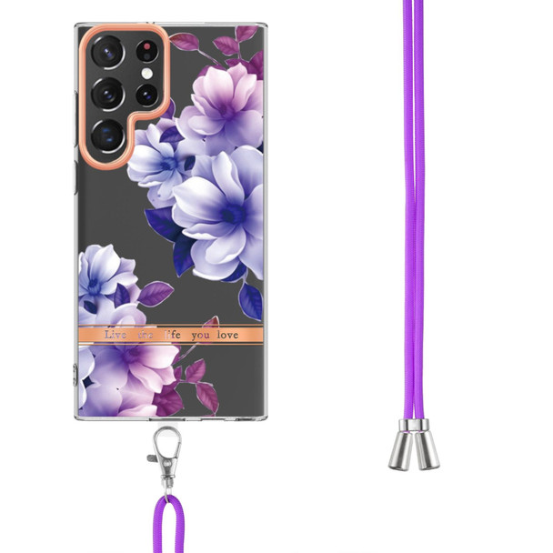 For Samsung Galaxy S23 Ultra 5G Flowers and Plants Series IMD TPU Phone Case with Lanyard(Purple Begonia)