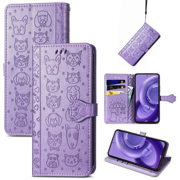 For Motorola Edge 30 Neo Cute Cat and Dog Embossed Leatherette Phone Case(Purple)