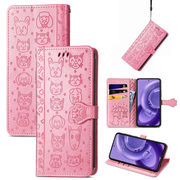 For Motorola Edge 30 Neo Cute Cat and Dog Embossed Leatherette Phone Case(Pink)