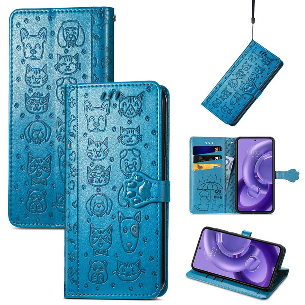 For Motorola Edge 30 Neo Cute Cat and Dog Embossed Leatherette Phone Case(Blue)