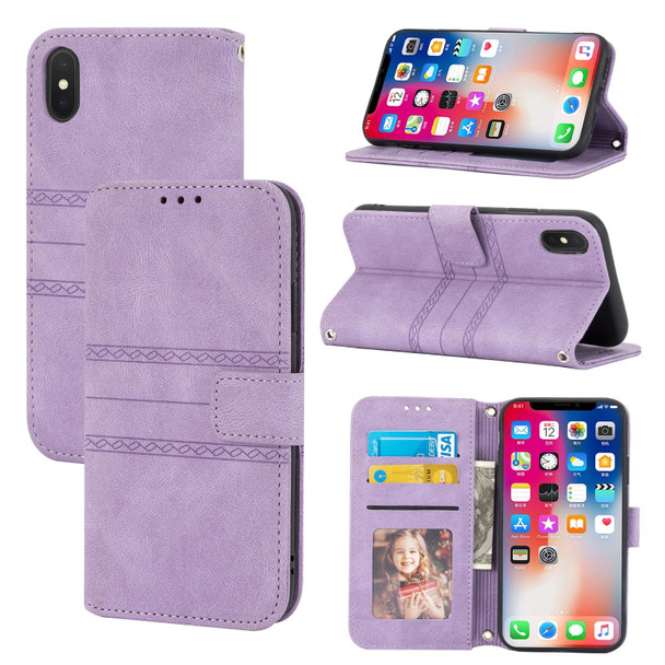 Embossed Striped Magnetic Buckle PU + TPU Horizontal Flip Leatherette Case with Holder & Card Slot & Wallet & Photo Frame & Sling - iPhone XS Max(Purple)