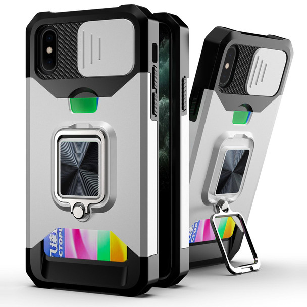 Sliding Camera Cover Design PC + TPU Shockproof Case with Ring Holder & Card Slot - iPhone XS / X(Silver)