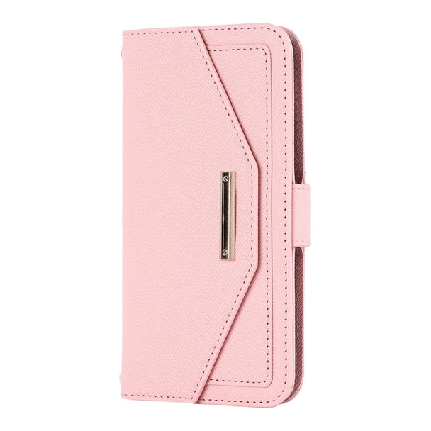 For iPhone XR Cross Texture Lanyard Leatherette Phone Case(Pink)