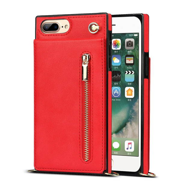 Cross-body Zipper Square TPU+PU Back Cover Case with Holder & Card Slots & Wallet & Strap - iPhone 8 Plus / 7 Plus(Red)