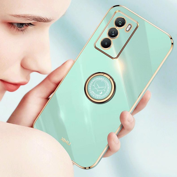 For vivo Y33s XINLI Straight Edge 6D Electroplate TPU Phone Case with Ring Holder(Mint Green)