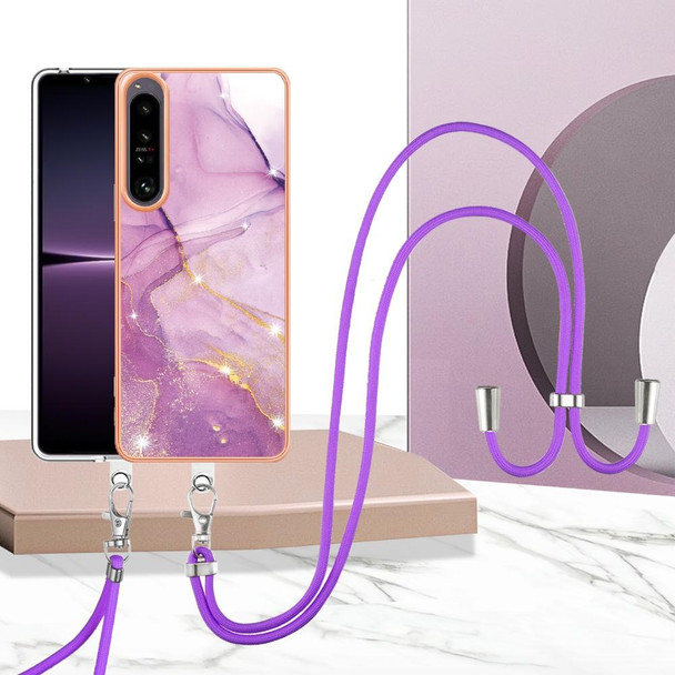 For Sony Xperia 1 IV Electroplating Marble Dual-side IMD Phone Case with Lanyard(Purple 001)