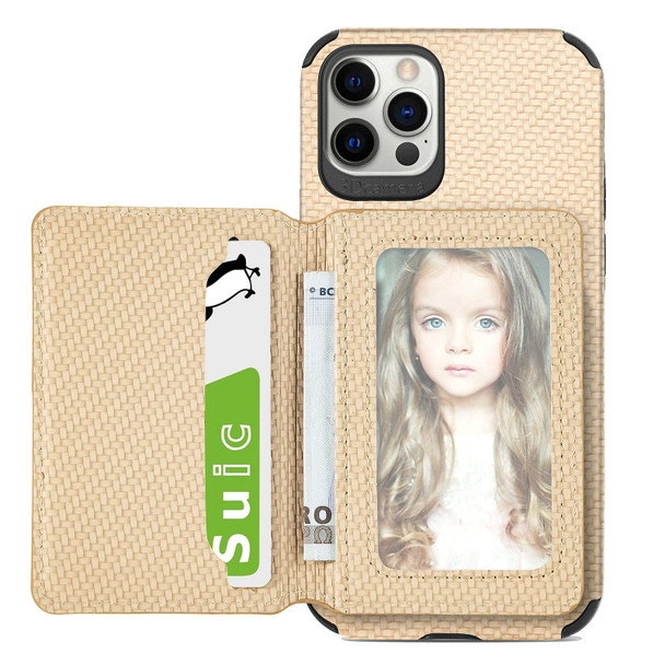 Carbon Fiber Magnetic Card Bag TPU+PU Shockproof Back Cover Case with Holder & Card Slot & Photo Frame - iPhone 11 Pro(Khaki)