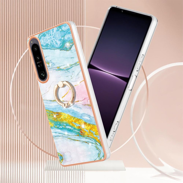 For Sony Xperia 1 IV Electroplating Marble IMD Phone Case with Ring Holder(Purple 001)