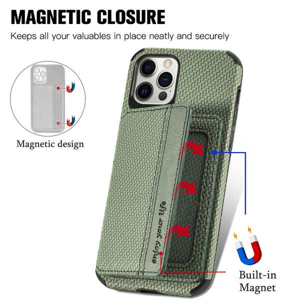Carbon Fiber Magnetic Card Bag TPU+PU Shockproof Back Cover Case with Holder & Card Slot & Photo Frame - iPhone 12 mini(Green)