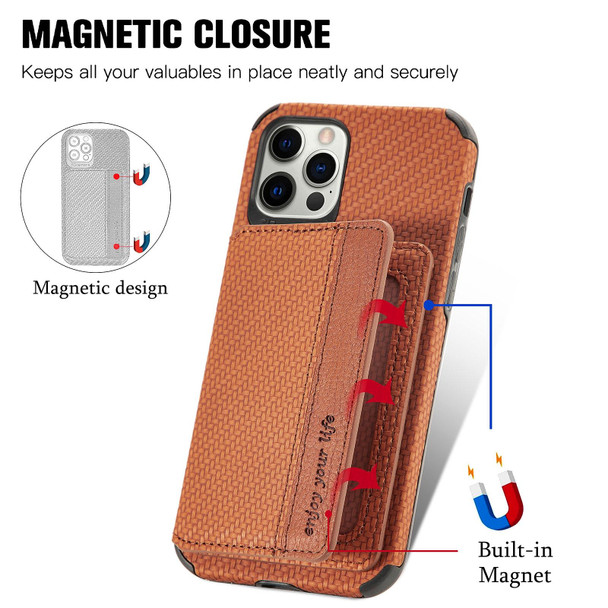 Carbon Fiber Magnetic Card Bag TPU+PU Shockproof Back Cover Case with Holder & Card Slot & Photo Frame - iPhone 12 / 12 Pro(Brown)