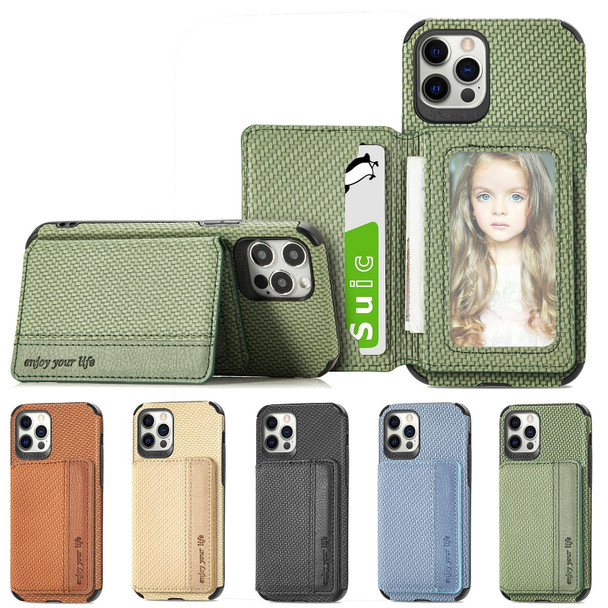 Carbon Fiber Magnetic Card Bag TPU+PU Shockproof Back Cover Case with Holder & Card Slot & Photo Frame - iPhone 12 / 12 Pro(Green)