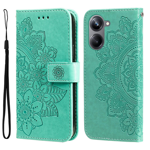 For Realme 10 Pro 5G 7-petal Flowers Embossing Leatherette Phone Case(Green)