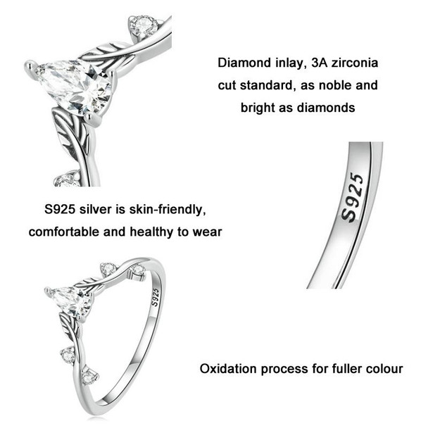 BSR308 Sterling Silver S925 Teardrop Vine Ring Zirconia Branch Leaf Jewellery(No.6)