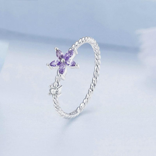 BSR326 Sterling Silver S925 Geometric Zirconia Purple Flower White Gold Plated Ring(No.8)