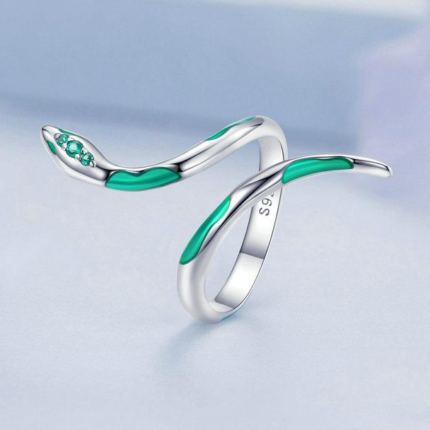 BSR328 Sterling Silver S925 White Gold Plated Oil Drop Zirconia Green Snake Ring(Open Adjustable)